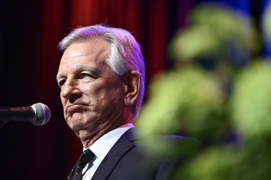 MONTGOMERY, ALABAMA - AUGUST 4: U.S. Sen. Tommy Tuberville (R-AL) introduces former U.S. President Donald Trump during the Alabama Republican Partyâ€™s 2023 Summer meeting at the Renaissance Montgomery Hotel on August 4, 2023 in Montgomery, Alabama. Trump's appearance in Alabama comes one day after he was arraigned on federal charges in Washington, D.C. for his alleged efforts to overturn the 2020 election. (Photo by Julie Bennett/Getty Images)