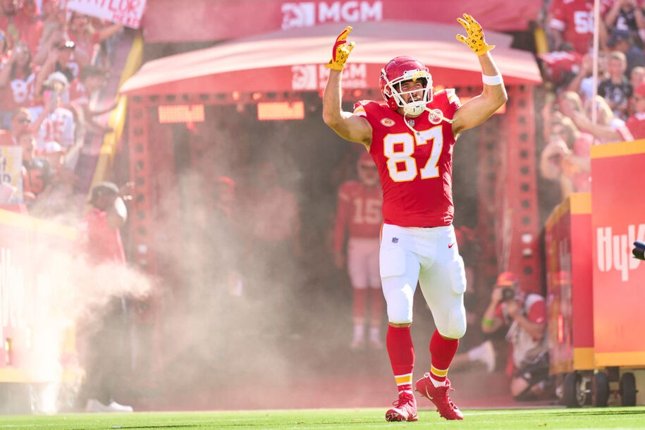 KANSAS CITY, MO - SEPTEMBER 24: Travis Kelce #87 of the Kansas City Chiefs takes the field before kickoff against the Chicago Bears at GEHA Field at Arrowhead Stadium on September 24, 2023 in Kansas City, Missouri. (Photo by Cooper Neill/Getty Images)