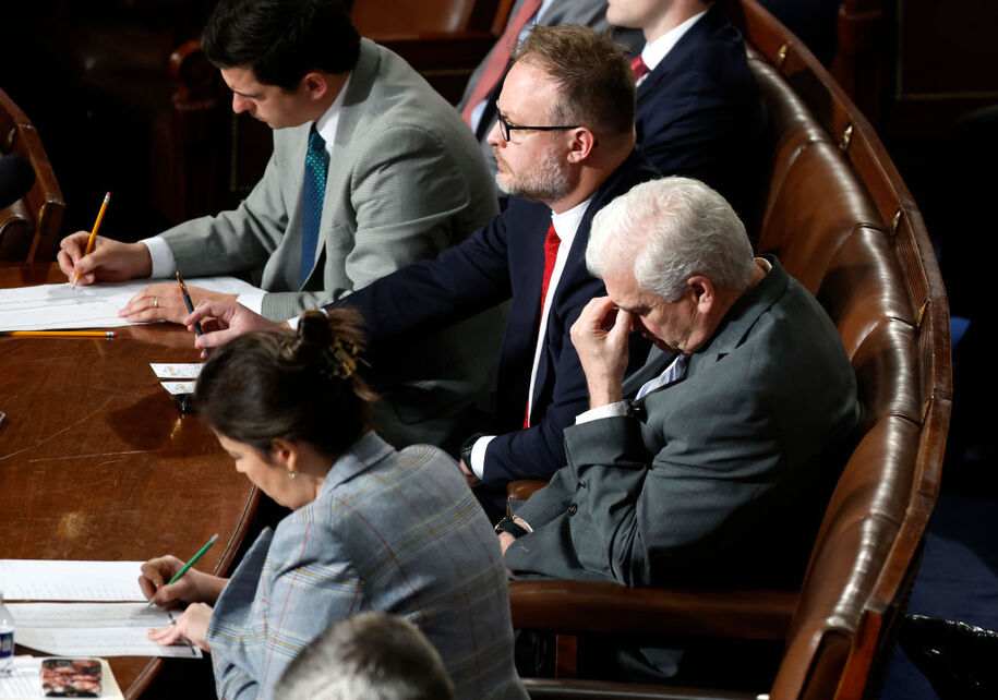 WASHINGTON, DC - OCTOBER 18: U.S. House Majority Whip Tom Emmer (R-MN) reacts after the House of Representatives failed to elect a new Speaker of the House during the second round of votes at the U.S. Capitol on October 18, 2023 in Washington, DC. House Judiciary Committee Chairman Jim Jordan (R-OH) failed a second time in his bid to become Speaker of the House on Wednesday after members of his own party declined to vote for him. The House has been without an elected leader since Rep. Kevin McCarthy (R-CA) was ousted from the speakership on October 4 in a move led by a small group of conservative members of his own party. (Photo by Chip Somodevilla/Getty Images)