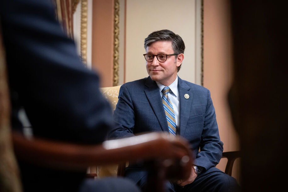 WASHINGTON, DC - OCTOBER 26: U.S. Speaker of the House Mike Johnson (R-LA) listens during a meeting with Australian Prime Minister Anthony Albanese at the U.S. Capitol October 26, 2023 in Washington, DC. Albanese visited the White House on Wednesday for an official state visit and a state dinner. (Photo by Drew Angerer/Getty Images)