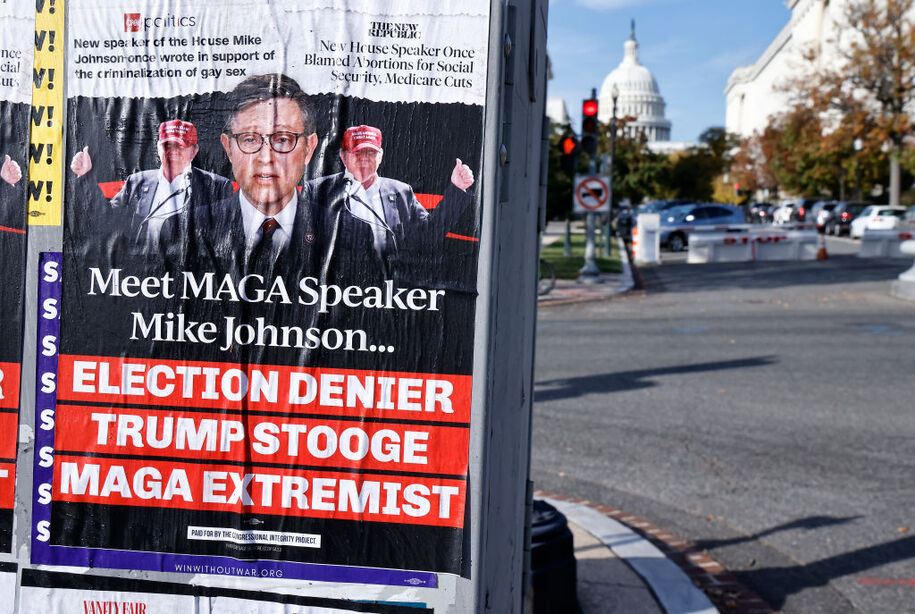 WASHINGTON, DC - OCTOBER 26: Congressional Integrity Project posters placed in areas around the U.S. Capitol Building describe newly-elected House Speaker Mike Johnson's conservative views on October 26, 2023 in Washington, DC. (Photo by Paul Morigi/Getty Images for Congressional Integrity Project)