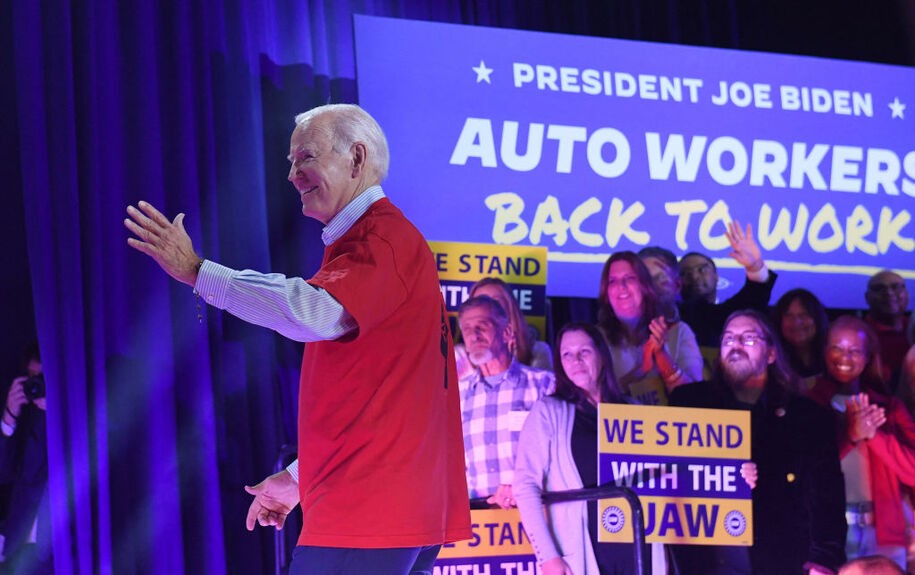 US President Joe Biden leaves after speaking about economy and the deal between the United Auto Workers (UAW) Union and the big-three automakers, in Belvidere, Illinois, on November 9, 2023. (Photo by OLIVIER DOULIERY / AFP) (Photo by OLIVIER DOULIERY/AFP via Getty Images)