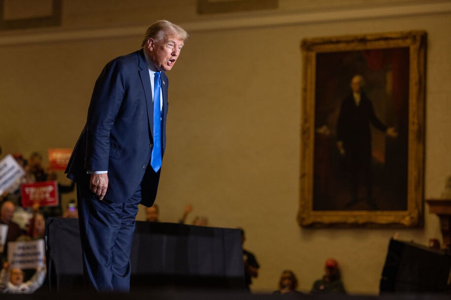 CLAREMONT, NEW HAMPSHIRE - NOVEMBER 11:  Republican presidential candidate former President Donald Trump yells to the crowd before delivering remarks during a campaign event on November 11, 2023 in Claremont, New Hampshire. The defense is scheduled to start presenting its case on Monday in Trump's fraud case. (Photo by Scott Eisen/Getty Images)