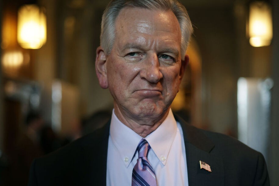 WASHINGTON, DC - NOVEMBER 15: U.S. Sen. Tommy Tuberville (R-AL) speaks to members of the press at the U.S. Capitol on November 15, 2023 in Washington, DC. The Senate is expected to vote soon on a continuing resolution that will avoid a government shutdown after midnight on this Friday.  (Photo by Alex Wong/Getty Images)