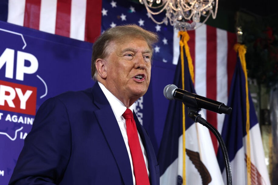 ANKENY, IOWA - DECEMBER 02: Republican presidential candidate former President Donald Trump speaks at a commit to caucus campaign event at the Whiskey River bar on December 02, 2023 in Ankeny, Iowa. Iowa Republicans will be the first to select their party's nominee for president when they go to caucus on January 15, 2024. (Photo by Scott Olson/Getty Images)
