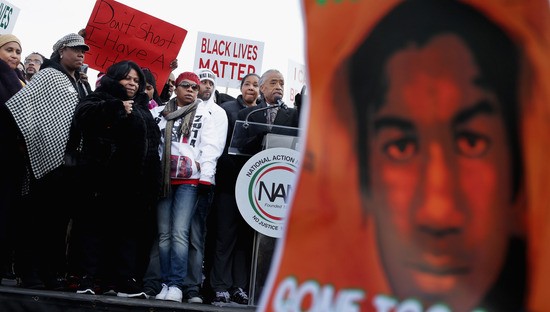 WASHINGTON, DC - DECEMBER 13:  (L-R)  Kadiatou Diallo, mother of Amadou Diallo; Sybrina Fulton, the mother of Trayvon Martin; Samaira Rice, the mother of Tamir Rice; Lesley McSpadden, the mother of Michael Brown Jr; Esaw Garner, the widow of Eric Garner; and Rev. Al Sharpton address the "Justice For All" march and rally in the nation's capital December 13, 2014 in Washington, DC. Organized by Sharpton's National Action Network, this march and others like it across the country aim to tell Congress and the country that demonstrators will not stand down until there is systemic change, accountability and justice in cases of police misconduct. Sharpton said the demonstration is happening in Washington "because all over the country we all need to come together and demand this Congress deal with the issues, that we need laws to protect the citizens in these states from these state grand jurors."  (Photo by Chip Somodevilla/Getty Images)