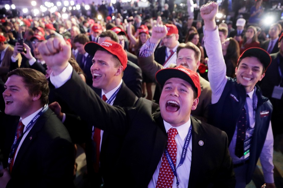 NEW YORK, NY - NOVEMBER 08:  Supporters of Republican presidential nominee Donald Trump cheer during the election night event at the New York Hilton Midtown on November 8, 2016 in New York City. Americans today will choose between Republican presidential nominee Donald Trump and Democratic presidential nominee Hillary Clinton as they go to the polls to vote for the next president of the United States.  (Photo by Chip Somodevilla/Getty Images)