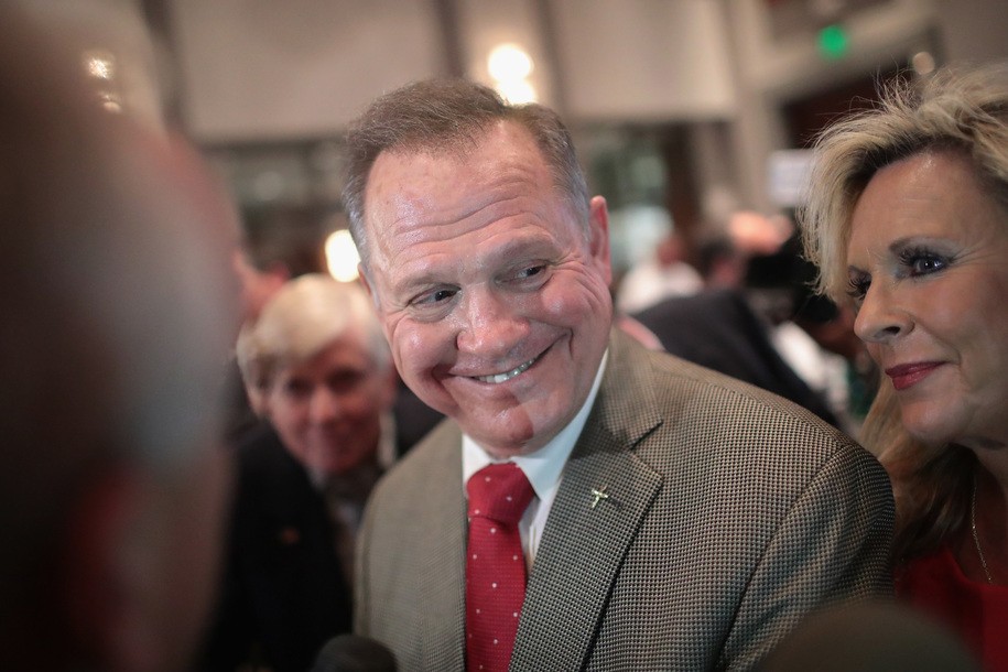 MONTGOMERY, AL - SEPTEMBER 26:  Republican candidate for the U.S. Senate in Alabama, Roy Moore speaks to reporters at an election-night rally after declaring victory on September 26, 2017 in Montgomery, Alabama. Moore, former chief justice of the Alabama supreme court, defeated incumbent Sen. Luther Strange (R-AL) in a primary runoff election for the seat vacated when Jeff Sessions was appointed U.S. Attorney General by President Donald Trump. Moore will now face Democratic candidate Doug Jones in the general election in December.  (Photo by Scott Olson/Getty Images)