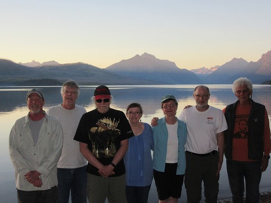 L-R: Some Fella, Mr. Maudlin, Ojibwa, state of confusion, Mrs. Mhosz, Mhosz, Mother Mags, (photographer; Maudlin) at Glacier National Park with Lake MacDonald in the background