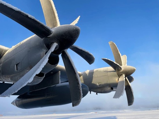 WC-130 Hercules in Alaska, before being de-iced to fly a weather mission in November 2023