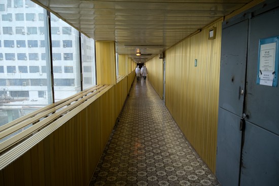 Deaerator building corridor (the "gold corridor") on +10m elevation, Chernobyl Nuclear Power Plant, looking east toward ABK-2