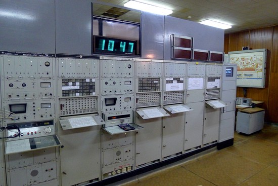 Dosimetry control panel for Reactors 1 and 2 at Chernobyl Nuclear Power Plant.  All the equipment is Soviet-vintage, vacuum-tube gear.