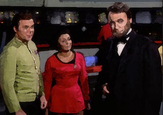 Captain James T. Kirk (William Shatner), Lt. Uhura (Nichelle Nichols) and U. S. President Abraham Lincoln (R, 1861 - 1865, Lee Bergere) have a little conversation on the bridge of the USS Enterprise in the Star Trek episode "The Savage Curtain".