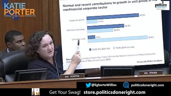 Representative Katie Porter points to corporate greed being the main cause of inflation.