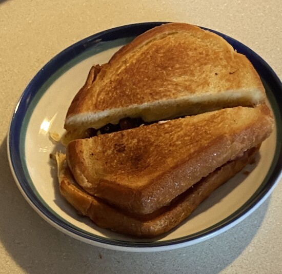 a grilled sandwich sliced diagonally on a small plate