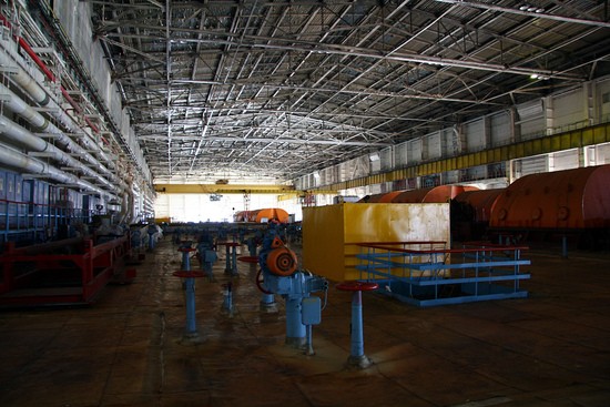 Chernobyl Nuclear Power Plant turbine hall, looking east past TG-2 and TG-1 (belonging to Unit 1).