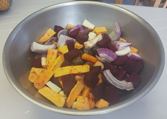 vegetables in bowl being prepped