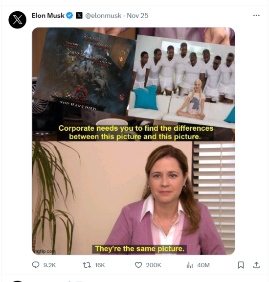 Caption: "Corporate needs you to find the differences between this picture and this picture." The pictures are a demon attack in the video game Diablo 4 and a group of Black men in undershirts and boxers surrounding a white woman. Next image, from The Office, with caption "they're the same picture."