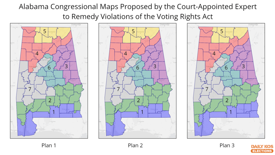 Graphic comparing the three Alabama congressional maps proposed by a court-appointed expert to remedy the GOP's violations of the Voting Rights Act.