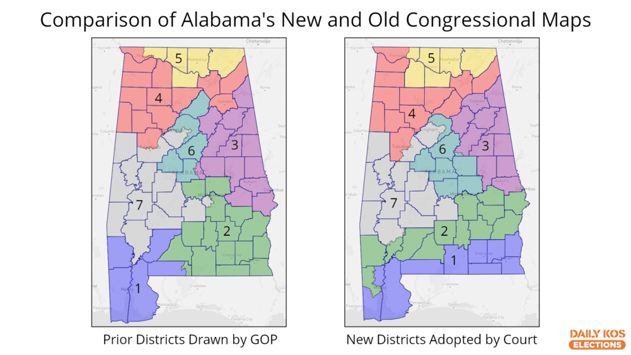 Graphic comparing Alabama's congressional map imposed by a federal court for the 2024 elections and the invalidated Republican gerrymander used in 2022 that it replaced.