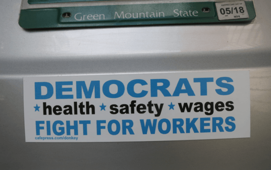 Bumper sticker reads "DEMOCRATS FIGHT FOR WORKERS -- Health * Safety * Wages" from Donkey Messenger shop at cafepress.com/donkey