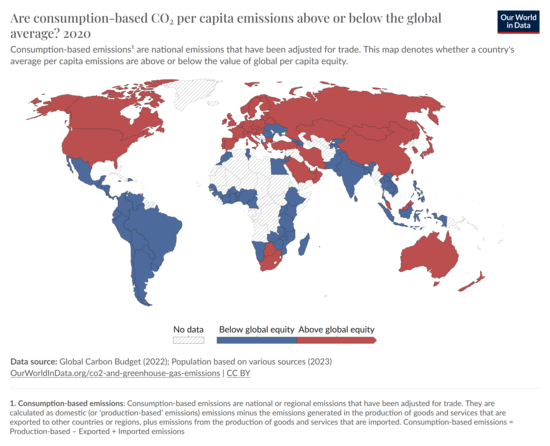 Consumption-based emissions are national emissions that have been adjusted for trade. This map denotes whether a country