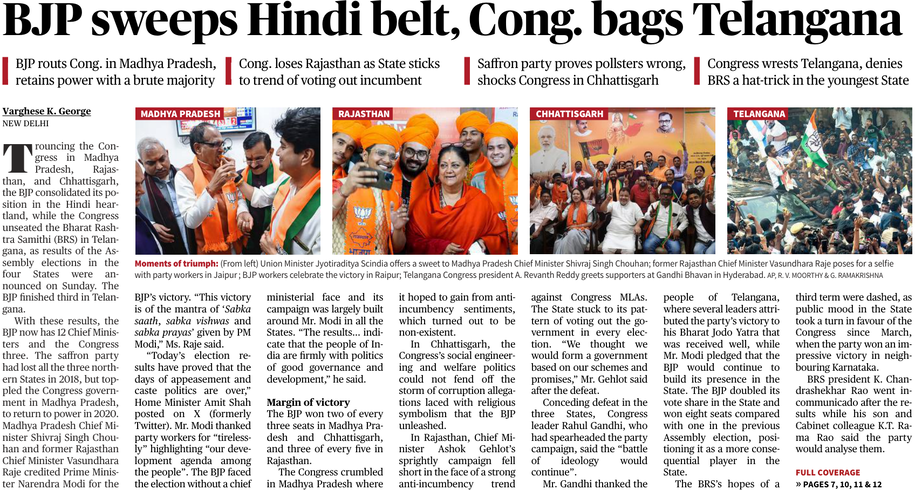 The Hindu E-paper news clipping showing election results for Assembly elections in four states of India: BJP won three, INC one.