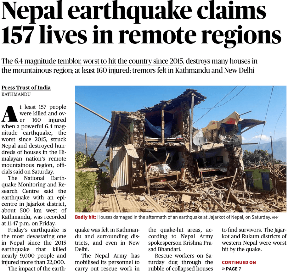 The Hindu News article on earth quake in Nepal