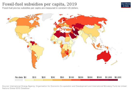 Fossil-fuel subsidies per capita, 2019. Fossil-fuel pre-tax subsidies per capita are measured in constant US dollars.