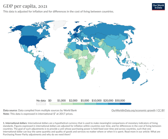 GDP per capita, 2021, adjusted for inflation and for differences in the cost of living between countries.