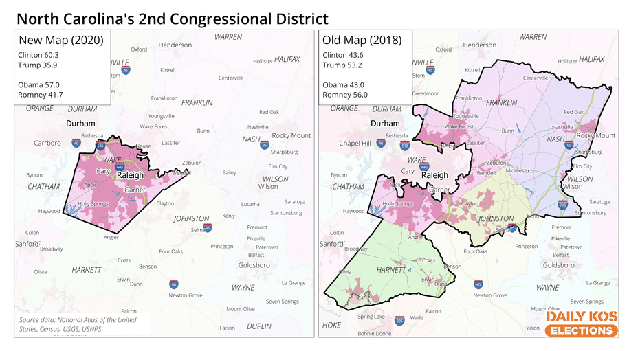 Maps showing the boundaries for both the old and new versions of North Carolina's 2nd Congressional District