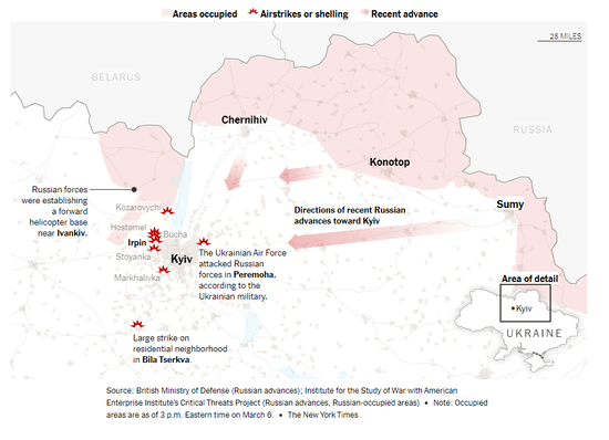 Russia has moved to encircle other key cities throughout the north as it advances toward Kyiv, according to intelligence reports from Britain’s Ministry of Defense. Attempts to take Chernihiv have not been successful, while advances from Sumy through the sparsely populated areas to the east of Kyiv have been met with less resistance, according to the Institute for the Study of War, a Washington research group.

Russia’s ground forces, including armored vehicles and tanks, have made less progress in the dense, urban areas around Kyiv. Ukrainian forces have launched ambushes using small, nimble military units to sneak up on Russian forces. These units are armed with anti-tank missiles that are used to counter Russia’s heavy machinery.

While Russia has not launched major ground operations into the heart of Kyiv over the past two days, intense shelling has continued in several surrounding towns. On Sunday, a Times photographer witnessed four people, including a mother and her two children, killed by a strike as mortar shelling targeted a battered bridge used by evacuees in Irpin who were trying to escape to Kyiv.