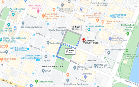 Close-up screen capture of Google Map of downtown Portland, showing that Terry Schrunk Plaza is just a couple blocks from the Hatfield Federal Courthouse, site of the July 2020 protests against police violence.