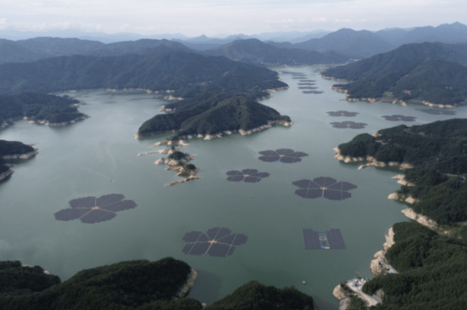 Hapcheon Dam Floating Project in South Korea with floating solar panels that have a generating capacity of 41 megawatts.