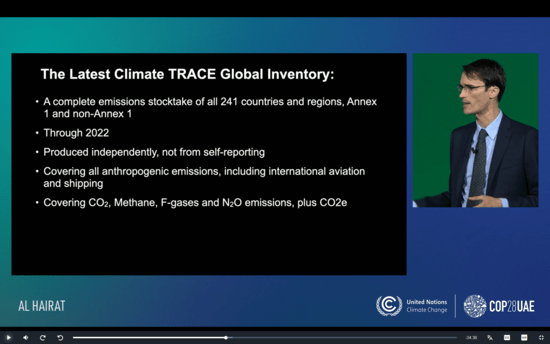 Al Gore and Climate TRACE Unveil Game-Changing Greenhouse Gas Emissions Inventory. Presentation at COP28, 03. December 2023 at 00:00 GMT-6. https://unfccc-events.azureedge.net/COP28_94527/agenda 