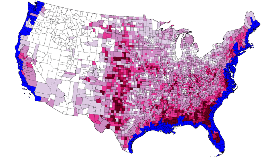 Blue indicates counties where flooding will displace residents if sea levels rise by six feet by 2100. Counties in shades of pink and red will see higher-than-average migration, with the darker shades representing larger population increases.