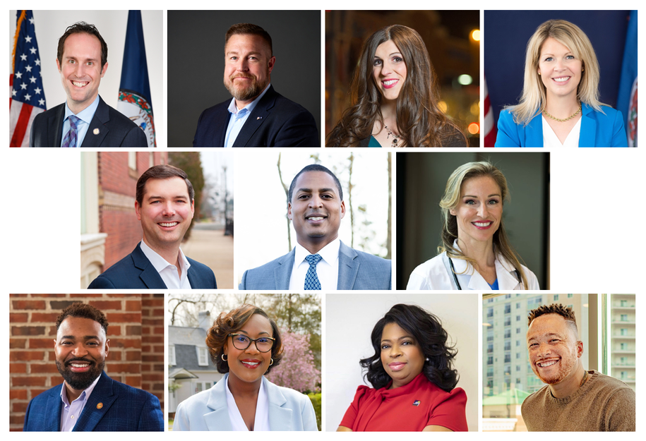 Headshots of 11 Virginia legislative candidates endorsed by Daily Kos in 2023: Schuyler VanValkenburg, Joel Griffin, Danica Roem, Russet Perry, Josh Thomas, Travis Nembhard, Susanna Gibson, Joshua Cole, Kimberly Pope Adams, Karen Jenkins, and Michael Feggans.